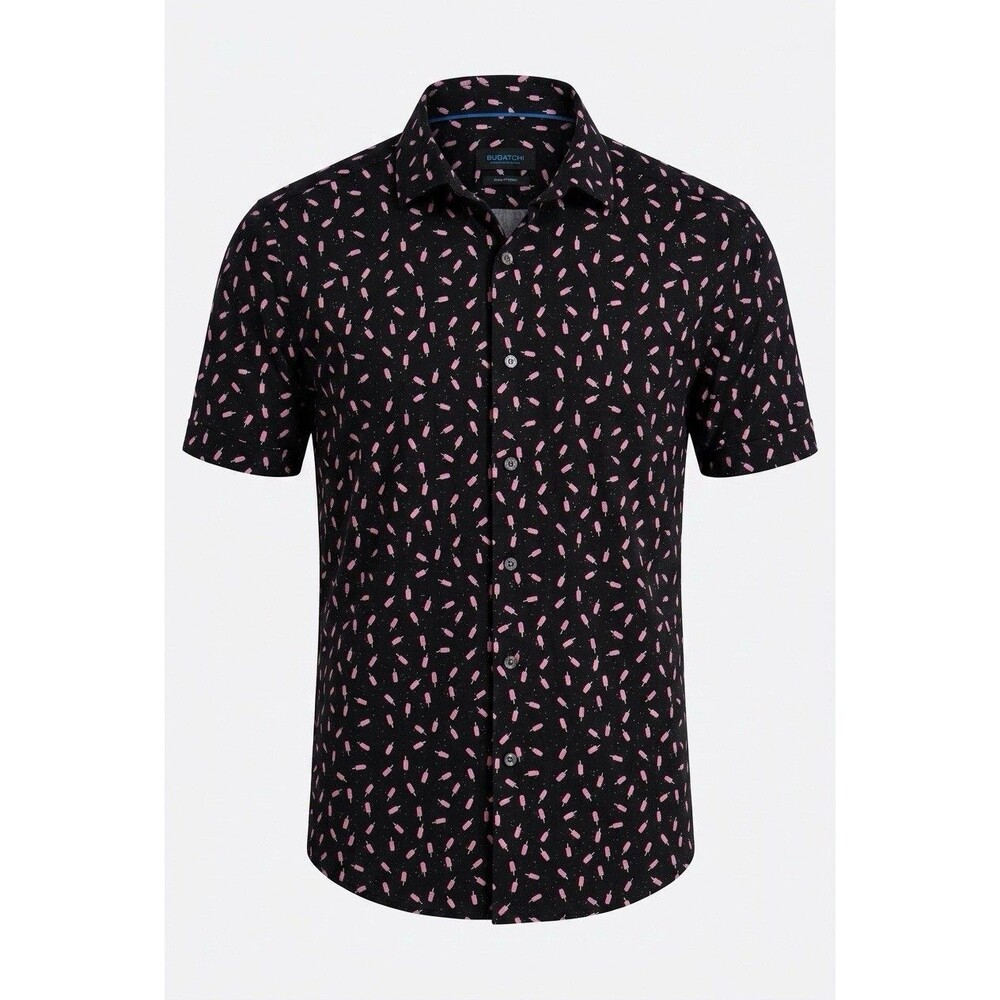 BUGATCHI OoohCotton Tech Shirt Large Mens Black Pink Popsicle Print Stretch SS